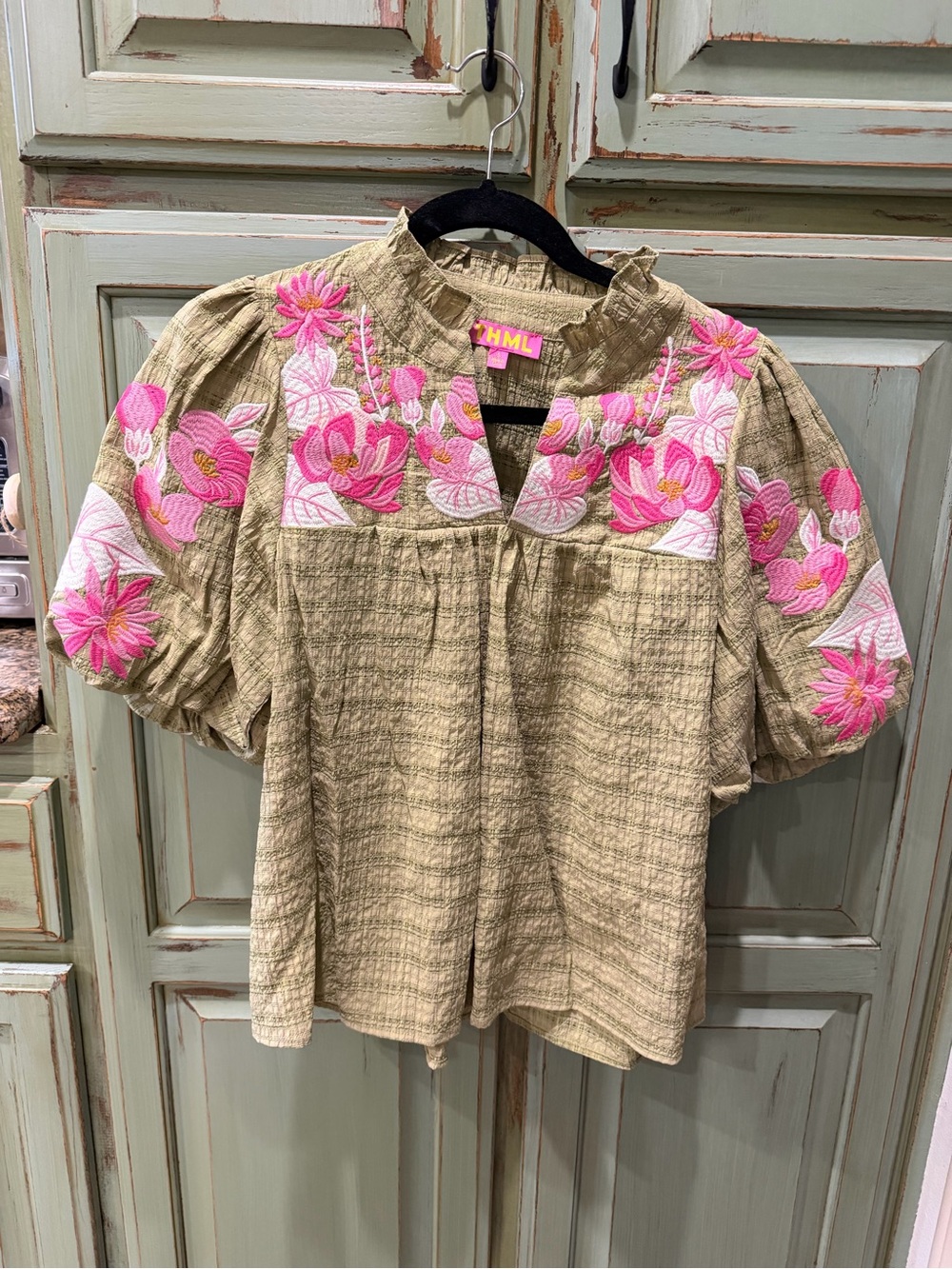 THML Olive Green Puff-Sleeve Top with Pink Floral Embroidery
